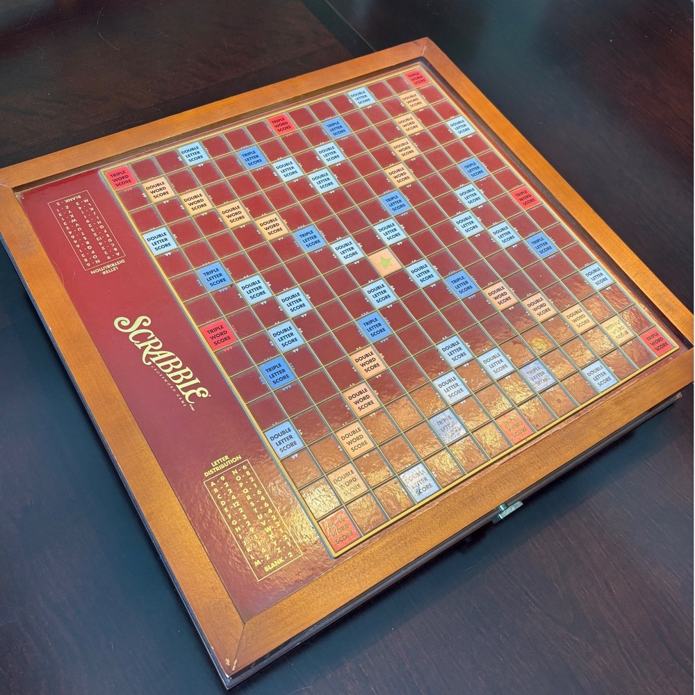 VTG Scrabble Premier Wood Edition Rotating Board Game Mahogany Finish Hasbro